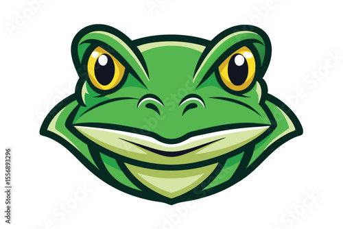 Bold green cartoon frog stares with large yellow eyes in this detailed image