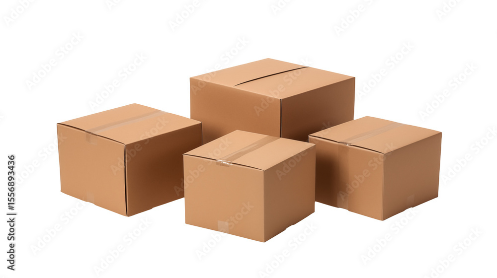 Several brown cardboard boxes sit Isolated on transparent Background ready for packaging. Several brown cardboard boxes sit Isolated on transparent Background ready for packaging.