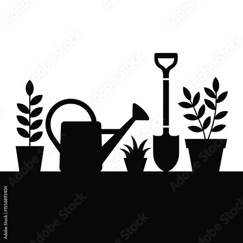 Black and white gardening tools and plants silhouette illustration