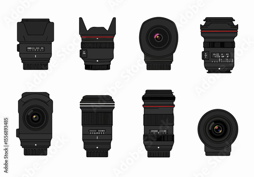 Set of vector illustrations depicting various camera lenses from multiple angles isolated on a white background
