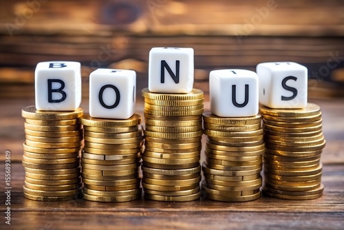 The word bonus is spelled out on stacks of golden coins representing a financial reward