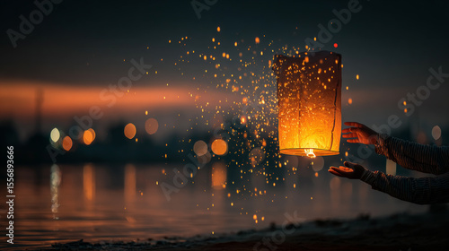 A serene and emotional moment captured as gentle hands release a glowing lantern into the twilight sky. Generative AI