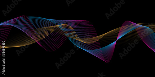Neon flowing wavy lines on black background. Abstract sound wave design for ai concept, equalizer, audio record, voice assistant. Blue, pink orange gradient curve stripes. modern vector