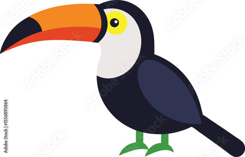 Colorful tropical toucan bird perched on branch with vibrant beak and rainforest background, exotic wildlife illustration perfect for nature, jungle, and bird-related stock photo themes.