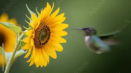 Hummingbird near a sunflower