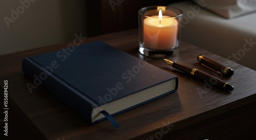 A navy blue book, a glass candle holder, and pens sit on a wooden nightstand in a dimly lit bedroom