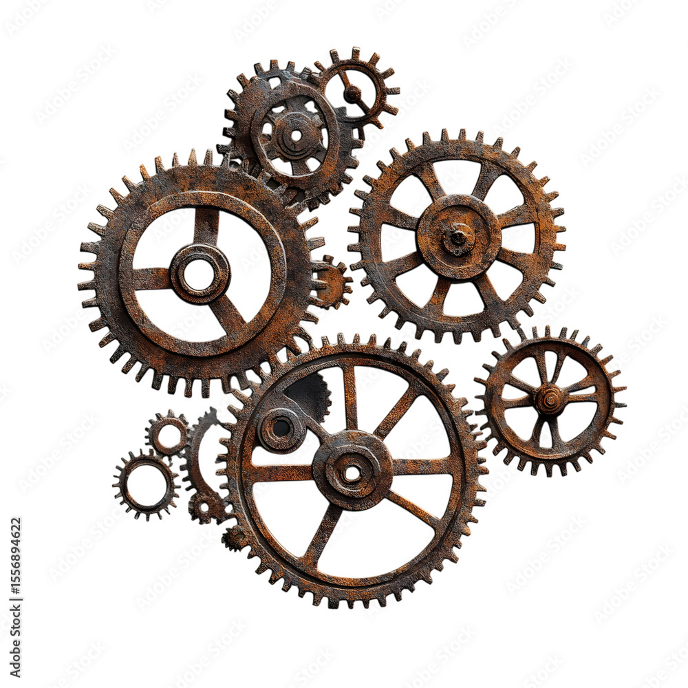 Collection of rusty metal gears interconnected isolated on transparent background Collection of rusty metal gears interconnected isolated on transparent background