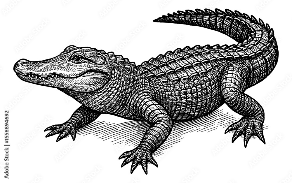 Fototapeta premium Detailed Engraved Illustration of an Alligator Walking, Black and White Line Art