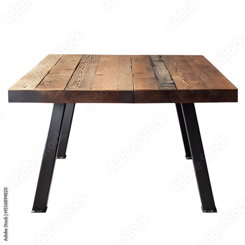 Rustic wooden dining table with dark metal legs isolated on transparent background