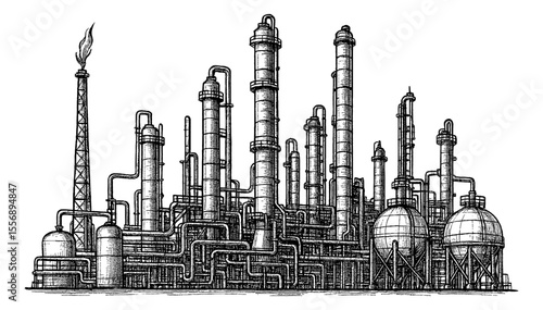 Detailed Illustration of Oil Refinery Plant with Pipelines in Black and White Engraving Style