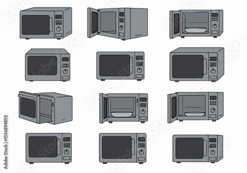 Set of illustrations depicting microwave ovens from various angles and states, showing open and closed doors, perfect for designs related to kitchen appliances and cooking technology.