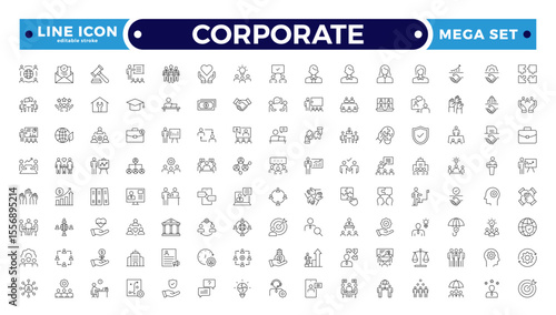 corporate Outline icon set. Business, office, finance, management, law, legal, document, team, analysis, company, chart, graph, employee, HR, contract, tax, planning. Editable stroke outline icon.