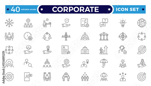 corporate Outline icon set. Business, office, finance, management, law, legal, document, team, analysis, company, chart, graph, employee, HR, contract, tax, planning. Editable stroke outline icon.