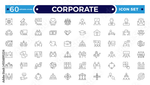 corporate Outline icon set. Business, office, finance, management, law, legal, document, team, analysis, company, chart, graph, employee, HR, contract, tax, planning. Editable stroke outline icon.