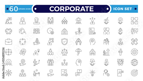 corporate Outline icon set. Business, office, finance, management, law, legal, document, team, analysis, company, chart, graph, employee, HR, contract, tax, planning. Editable stroke outline icon.