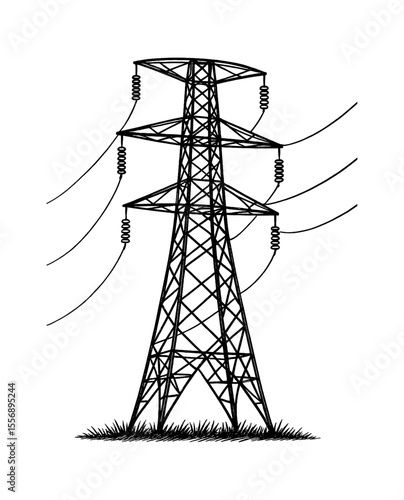 Detailed Black and White Line Art of Electricity Pylon Transmission Tower with Wires