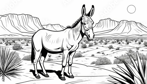 Desert Donkey Illustration Black and White Line Art of a Mule in an Arid Landscape