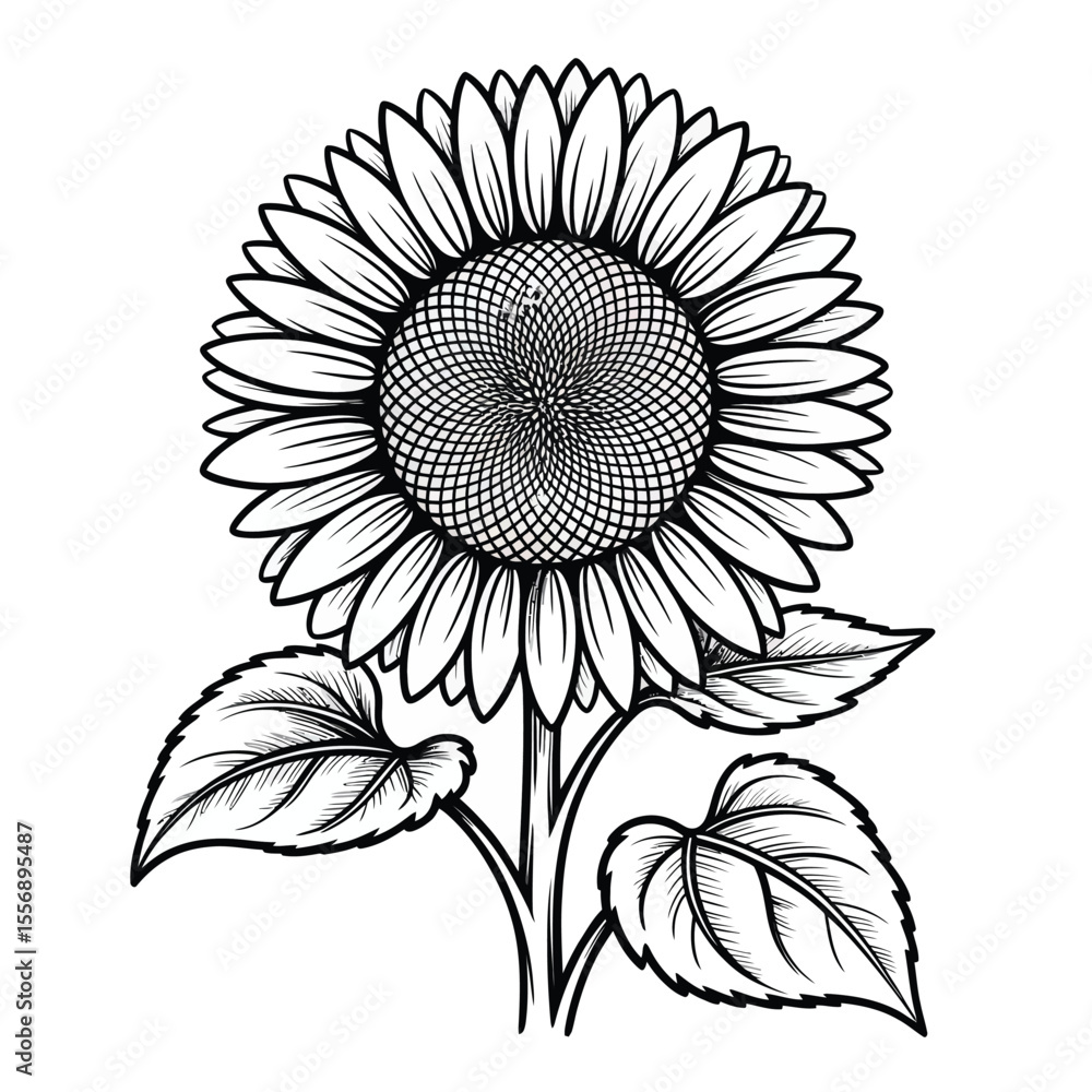 Black and white sunflower illustration with detailed petals leaves and stem on white background Black and white sunflower illustration with detailed petals leaves and stem on white background
