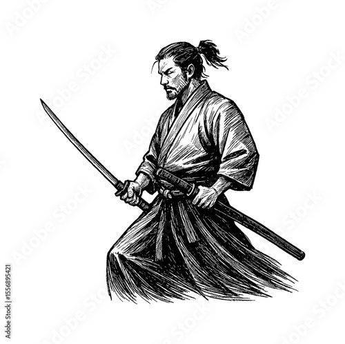 Asian Samurai Warrior with Sword in Hand Drawn Engraving Black and White Illustration Style