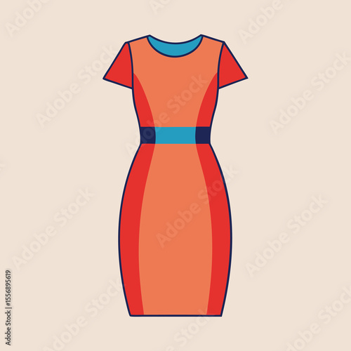 Stylized orange sheath dress with short sleeves and blue trim design