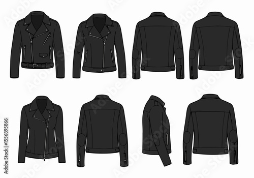 Technical fashion illustration of black leather jackets in front, back, and side views, featuring various styles and details like zippers, pockets, belts, and elbow patches.