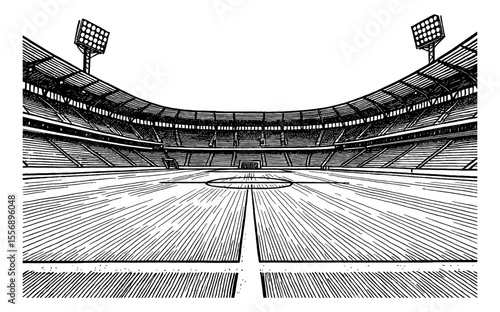 Illustration of a Soccer Stadium with Empty Seats in Black and White Outline Line Art