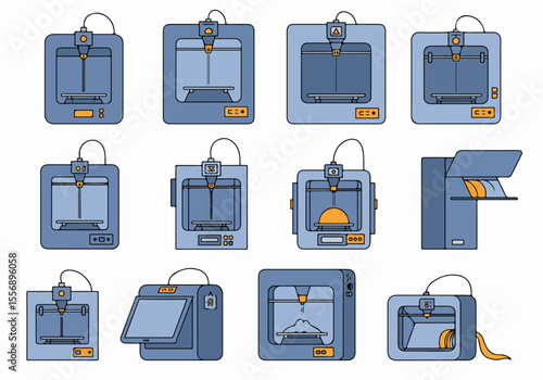 Set of 3D printer icons and illustrations. Vector illustration of various 3D printers and the additive manufacturing process.