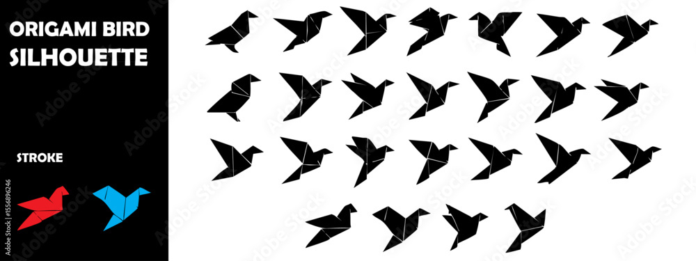 Naklejka premium Origami Bird Silhouette Vector Set – Art, Creativity and Paper Folding Icons