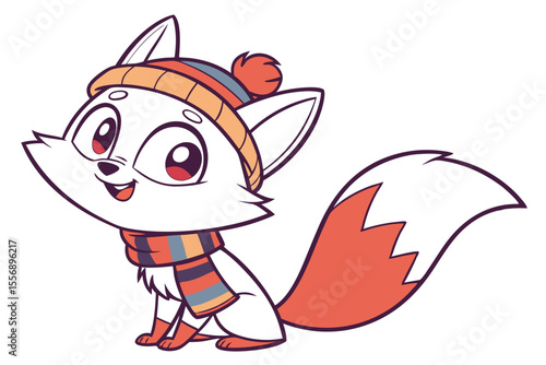 Cartoon fox warmly smiles and wears a winter hat and scarf in vector