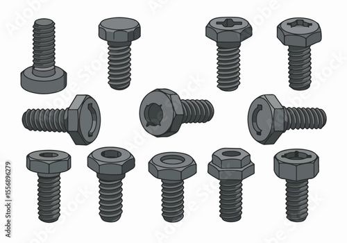 Illustration of various grey metal bolts and screws with different heads and threads on a white background in a set or collection.