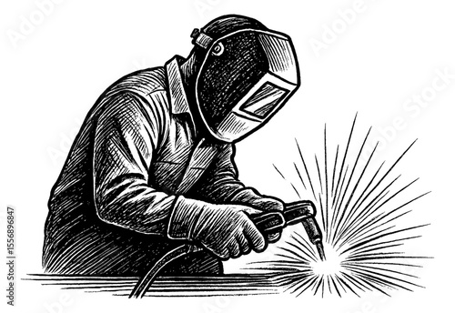 Illustration of a Welder Welding Metal with Protective Gear and Sparks in Black and White
