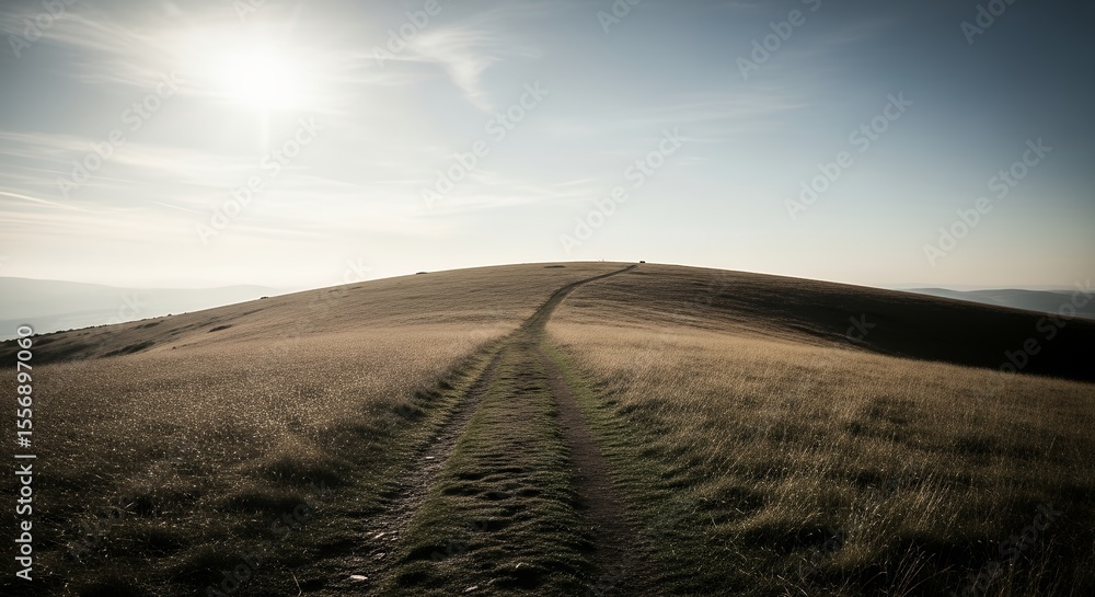 Naklejka premium Lonely dirt road cutting through a golden field under a clear sky at sunset