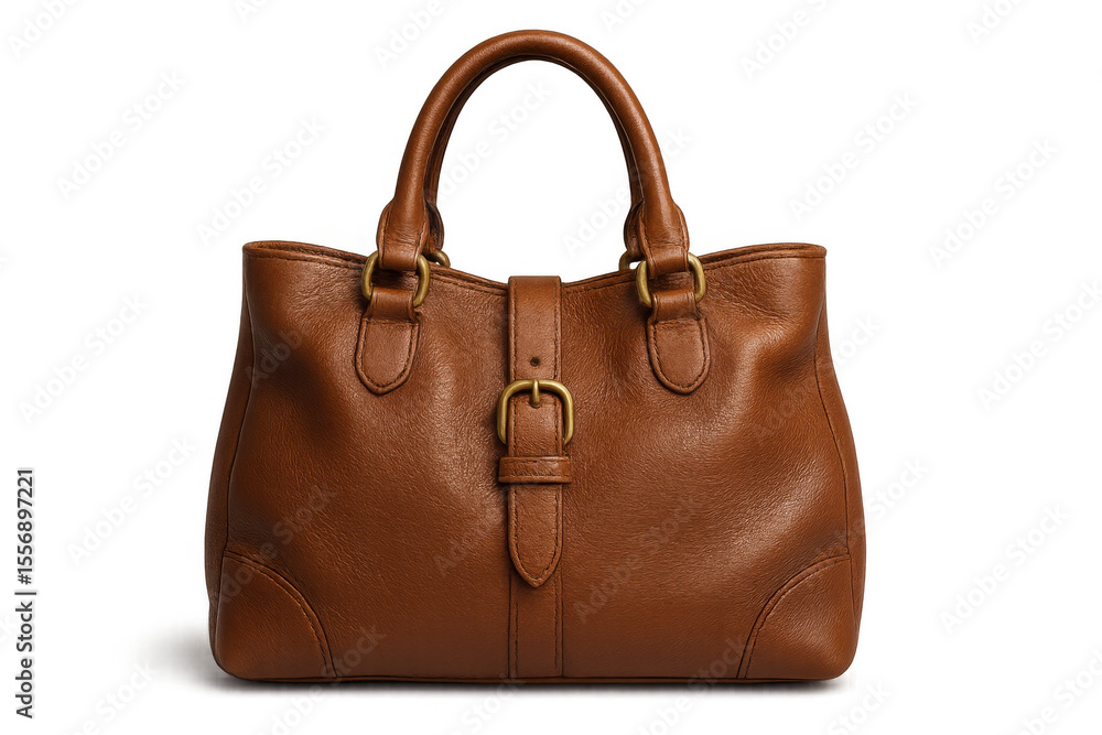 Elegant brown leather handbag with prominent buckle closure, double handles, showcasing sophisticated design against transparent background, blending style with functionality Elegant brown leather handbag with prominent buckle closure, double handles, showcasing sophisticated design against transparent background, blending style with functionality