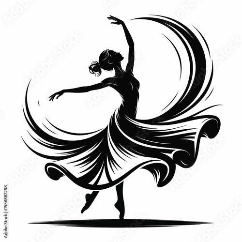 Black Silhouette of Ballerina Dancing with Flowing Dress on White Background