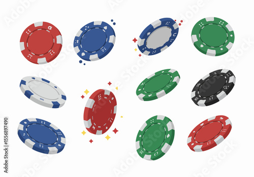 Floating colorful poker chips illustration for casino games, poker, gambling, and luck, scattered on a white background.
