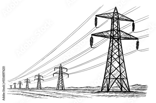 Drawing of high voltage power lines stretching across a field in black and white