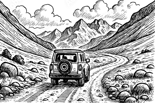 SUV Car Driving on a Mountain Road with Cloudy Sky in Detailed Black and White Engraving Art Style