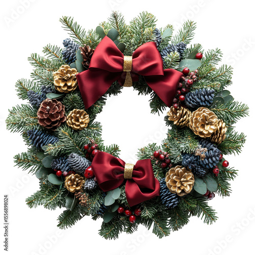 Elegant christmas wreath with deep red satin bows gold and blue pinecones and red berries isolated on transparent background
