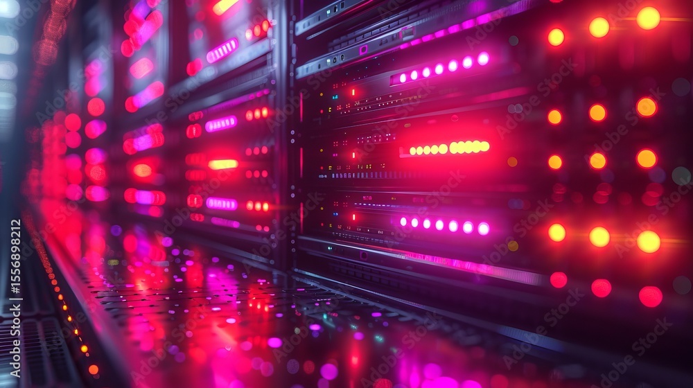 Fototapeta premium Server racks glowing with red and purple lights in a modern data center