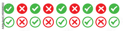 Set of Check mark and cross mark icons. Validation and refusal icon. check box icon with correct, accept checkmark icons green tick box, check list circle frame - checkbox symbol sign.