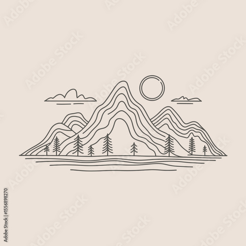 Line art landscape with mountains sun clouds and trees on beige background