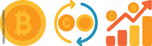 Bitcoin icon set. Includes icons for cryptocurrency coins, digital currency exchange, and market growth charts. Flat vector symbols for finance, trading, and investment.