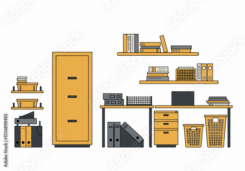 Office organization elements vector illustration showing filing cabinet, shelves, binders, desk drawers, and storage baskets.