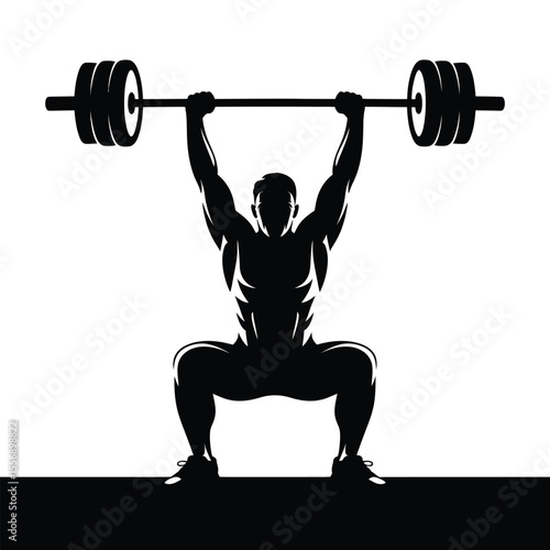 Silhouette of Weightlifter Squatting with Barbell Overhead