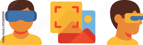 Augmented reality user icon set. Features a person with a VR headset, image recognition, and an AR overlay interface. Flat vector for metaverse and user experience.