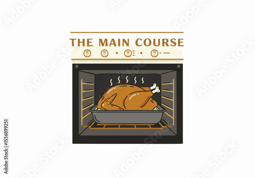Illustration of a roasted turkey in an oven, representing the main course for a holiday meal or Thanksgiving dinner.