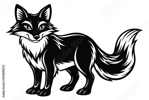 Elegant black fox with a bushy tail confidently poses, showing its striking monochrome fur