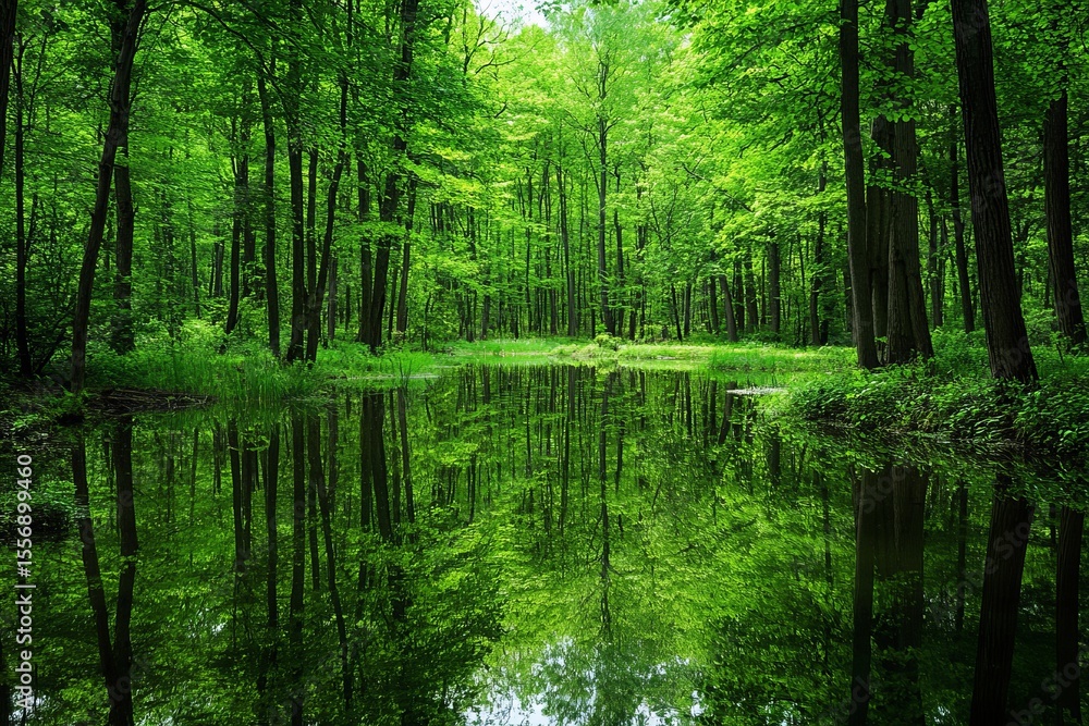 Fototapeta premium Tranquil Forest Landscape with River and Lush Greenery