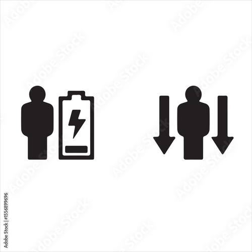 burnout, fatigue icons with low battery and person 
