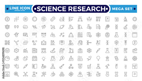 Scientific research and science Outline icon collection. Laboratory. Chemical experience and experiment. Molecule and atom.  Editable stroke outline icon.
